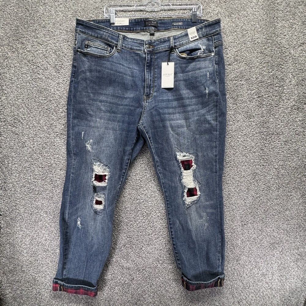 Judy Blue Skinny Fit Jeans 22W / 27 Buffalo Plaid Distressed Denim Stretch NWT